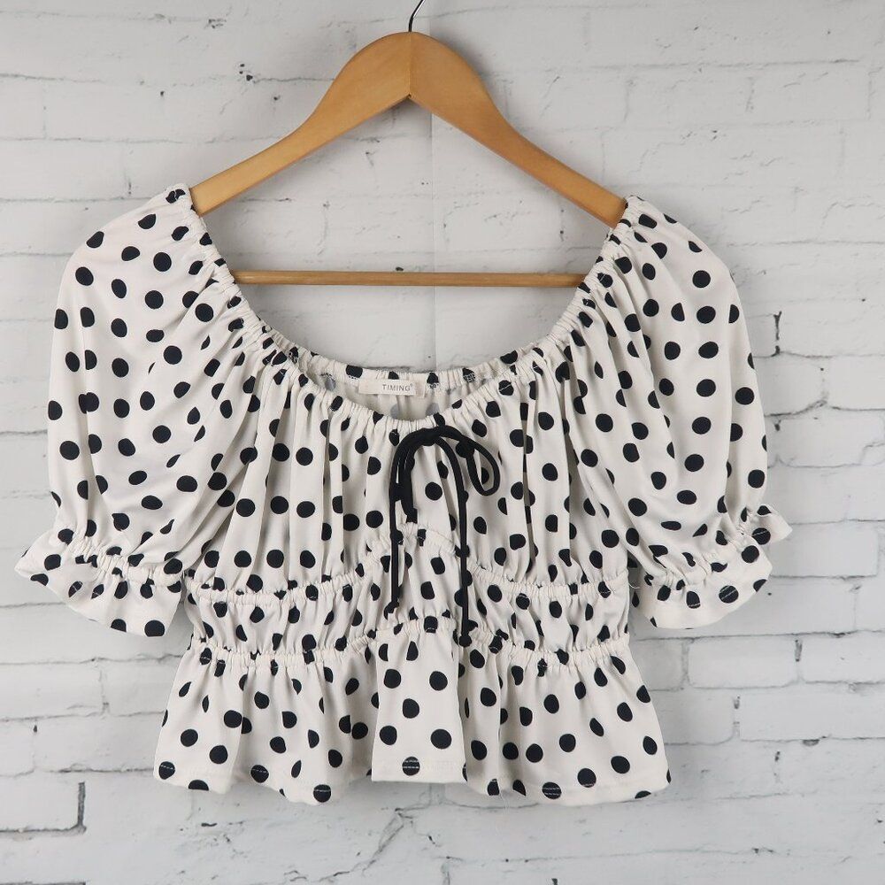 TIMING WHITE WITH BLACK POLKA DOT BUBBLE SLEEVE CROP TOP SIZE LARGE